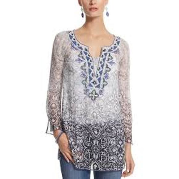 White House Black Market Tops - WHBM Petite Sheer White Metallic Beaded Tunic
